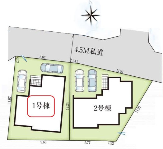 入間市鍵山3丁目・全2棟　新築一戸建　1号棟　の区画図|【全2棟・1号棟】カースペース2台分。