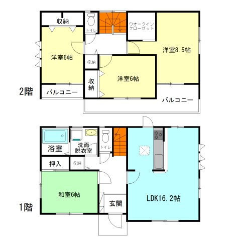 【間取り】 | リーブルガーデン.S高崎市町屋町第3ー① | 全居室南向き＋6帖以上ののびのび間取り！
家庭内で使い分けられるバルコニー2ヵ所！
