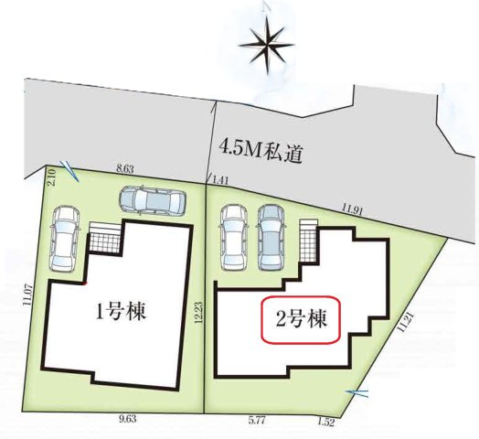 入間市鍵山3丁目・全2棟　新築一戸建　2号棟　の区画図|【全2棟・2号棟】カースペース並列2台。