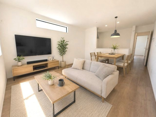 【居間・リビング】 | 福岡市東区香椎駅東1丁目　1号棟（全1棟）【仲介手数料無料・0円】 | 現地写真。家具・家電等はCGによる配置例です。物件には含まれません
