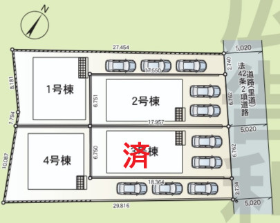糸満市座波　第3（全4棟）1・2・4号棟の区画図|※3号棟成約済み