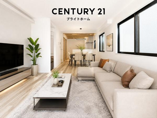 川崎市中原区上平間の新築一戸建の居間・リビング|自慢したくなるリビング！
形も良く家具の配置にも困りません。
※家具等はＣＧでの参考レイアウトです。