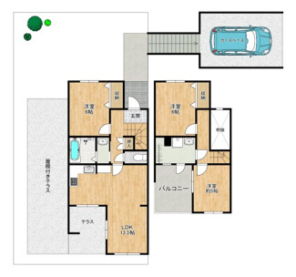 【間取り】 | 鶴山台１丁目　中古テラス | ★2026年４月リフォーム完成済★広いお庭、屋根付きテラス、駐車場も備わった高台のテラスハウスです。使いやすい3LＤＫはすべてフローリング仕上げです。