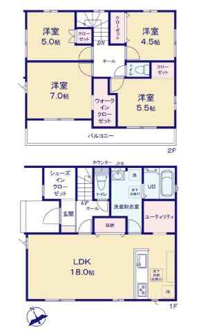 新築　高崎市棟高町1期　4号棟の間取り|建物面積105.16㎡　広々18帖のLDK！使い方色々ユーティリティー・シューズインクローク・ウォークインクローゼット・各部屋収納付き！二部屋分のバルコニーはお洗濯物が沢山干せます◎
						
