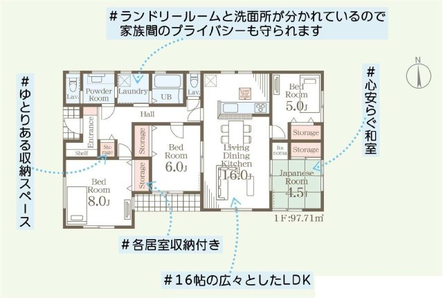 新築　伊勢崎市茂呂町第3　Livele Garden.S　1号棟の間取り|建物面積97.71㎡　4LDKの平屋のお家！各部屋収納付きで便利です！おしゃれなテラス付き♪
