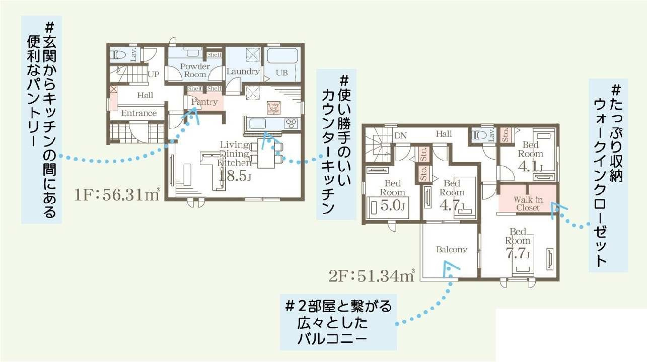 新築　伊勢崎市茂呂町第3　Livele Garden.S　2号棟の間取り|建物面積107.65㎡　広々18.5帖のLDK！パントリー・ウォークインクローゼット・各部屋収納付きで便利です！日当たりの良い広々バルコニーは気持ち良くお洗濯物が干せます！							
