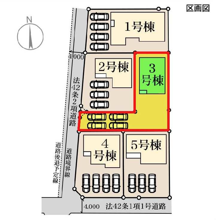 新築　伊勢崎市茂呂町第3　Livele Garden.S　3号棟の区画図|3号棟　区画図　西側接道幅員約4ｍ			
	

