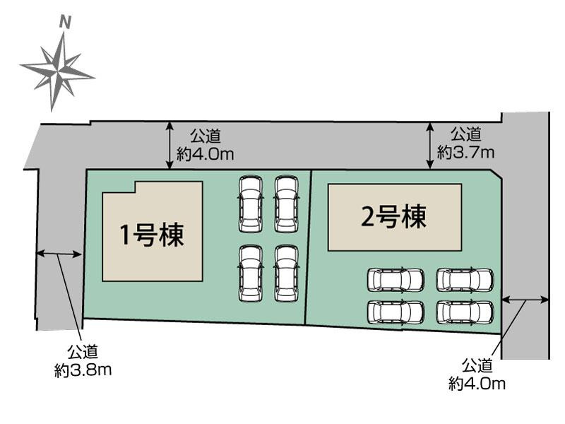 新築　伊勢崎市豊城町全2棟　Blooming　Garden　1号棟の区画図|1号棟　区画図　北側接道幅員約3.7ｍ　西側接道幅員約3.8ｍ			
	
