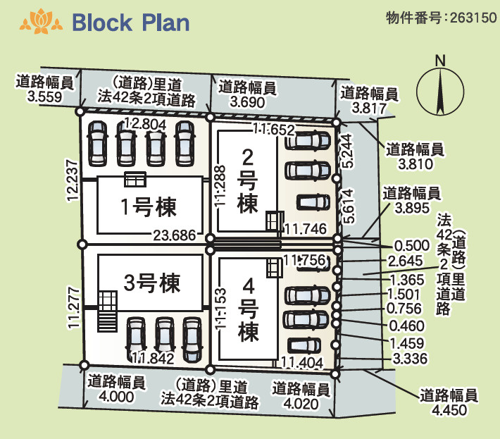 クレイドルガーデン糸満市南波平 第２・２号棟の区画図|区画図／接道状況：北側3.5～3.8ｍ公道、東側3.8～4.4ｍ公道、南側4.0ｍ公道