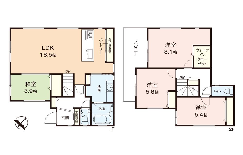 富士見市鶴瀬西３丁目の新築一戸建の間取り|18.5帖の広々LDK、リビング横には小上がりの3.5帖の和室を配置♪
