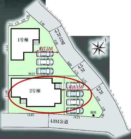 グラファーレ渋川市金井　２号棟（平屋）の区画図|駐車場並列４台ご用意しています！
並列駐車なので、車の出し入れもしやすいですよ！