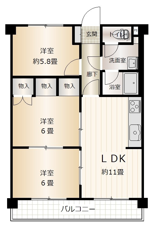 シティマンション伊島の間取り|◆適度な広さで過ごしやすい3LDKの間取りです。