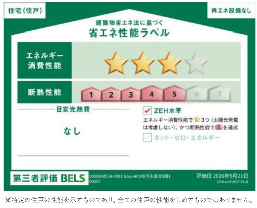 柏市永楽台３丁目新築戸建【柏第八小学校:5分】の省エネ性能ラベル|省エネ性能ラベル・ZEH水準