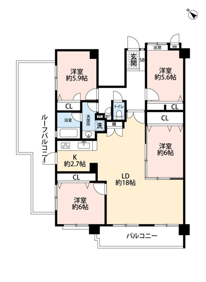 【間取り】 | コアマンション春日 | 97.25平米ルーフバルコニー付きの4LDK◎約20帖のLDKは開放感があり、ご家族で広々とお過ごしいただけます
