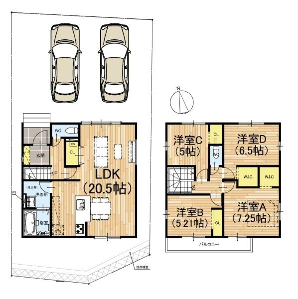大和郡山市小泉町 ／新築一戸建の間取り|■広々したリビング２０．５帖・４ＬＤＫの間取り！大容量の収納など、ご家族のお住まいにピッタリです！