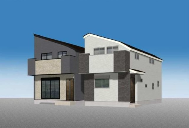 【横浜市旭区万騎が原140-4全2棟新築戸建て】★仲介手数料無料★（万騎が原小学校・万騎が原中学校） の外観パース|ブラック×ホワイトを基調としたスタイリッシュな外観デザイン。異なる形状の外観が並ぶことで街並みにも個性が生まれ、存在感のある住まいに仕上がっています。