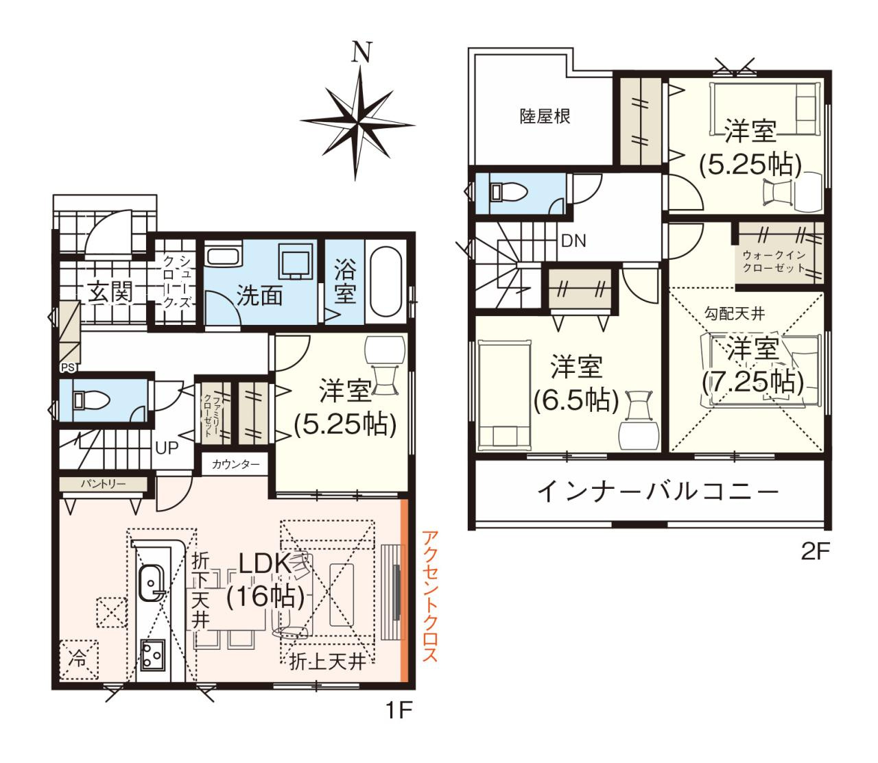 いの町駅東町 -2期3棟・3号棟-新築戸建ての間取り|全居室に充実した収納を配置し、共有スペースの片付けやすさにも配慮した間取りです。南向きのリビングを中心に据えており、どこにいても家族の気配を感じながら個人の時間も大切にできる設計となっています。