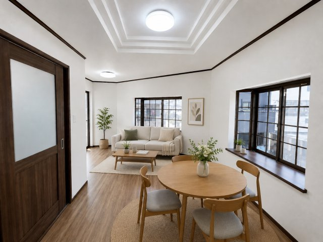 南野口町　中古一戸建ての居間・リビング|※この画像はAIによるバーチャルステージング画像です。
実際の物件には家具・インテリアは含まれません。
■物件内覧・資金計画相談・住宅ローン相談、リフォーム相談、お問合せ受付中■