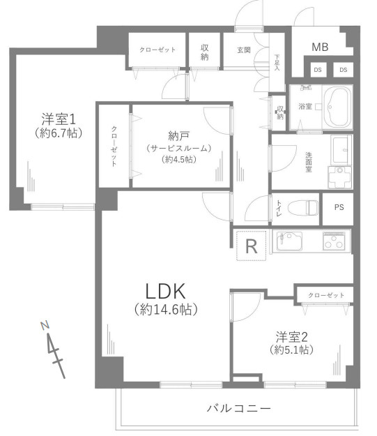 横浜東本郷マンションの間取り|2LDK+S（納戸）専有面積80.26m2、バルコニー面積7.8m2間取り図です
