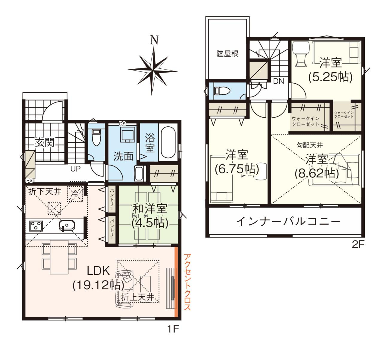 いの町駅東町 -2期3棟・1号棟-新築戸建ての間取り|無駄のない綺麗な空間設計が目を引く間取り図です。特にLDKはレイアウトが自在でお好みの家具を配置しやすく、自分たち好みの快適な生活空間をスマートに演出できるのが大きな魅力。