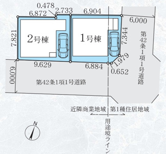 【区画図】 | 平塚市平塚2丁目  2号棟 3期 | 2号棟　南道路　南側約6.0ｍ公道　駐車1台（車種によります）　敷地面積23.5坪
