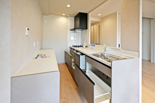 ロイヤルシャトー伊丹行基のキッチン|天板とワークトップ下いっぱいの収納に加え、キッチン後ろにカップボードを設置。 空間が広く、美しさを保てるキッチンを実現しました。。本分譲地は食洗機が装備されています。