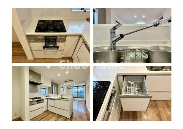 千住元町中古住宅のキッチン|【システムキッチン】ワイドで収納豊富な使い勝手の良いカウンターキッチンには、食洗器・伸縮タイプのキッチン水栓、三ツ口コンロ・魚焼きグリルなどの便利な設備が標準完備されています。