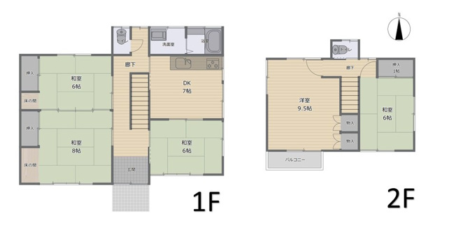 【間取り】 | ◇◆山北町山北 中古戸建◆◇ | 【5DK】1F：DK7帖、和室8帖・6帖×2　2F：和室9.5帖、和室6帖