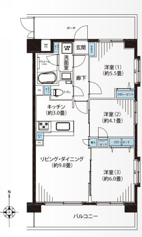 【間取り】 | モアグランデ新横浜北 | 専有面積61.38㎡、3LDK