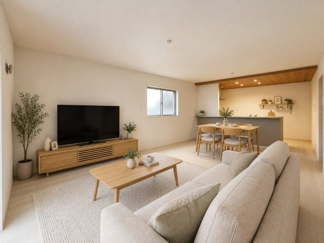 橿原市第1忌部町　全3棟の居間・リビング|※家具・小物はAIで配置しています