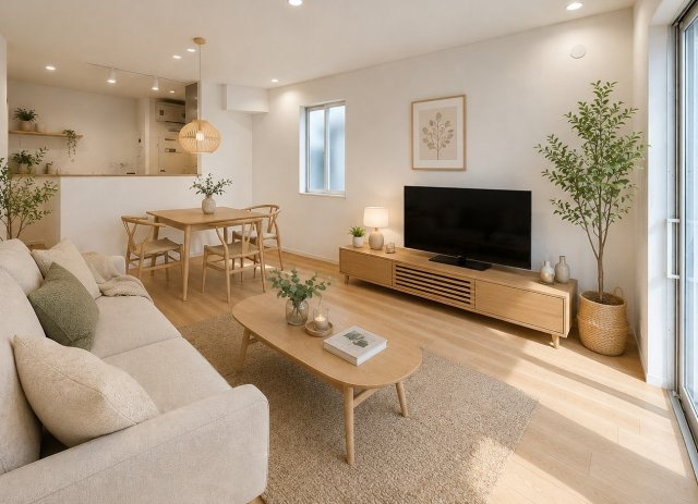【中古戸建】知立市八橋町大流の居間・リビング|【LDK14帖家具を配置したイメージ図】
◆シンプルなデザインのリビングのため好きなテイストのリビングをつくりやすいです。
◆ダイニングテーブルやソファを置くことのできる広さがあります。　　　　　　　