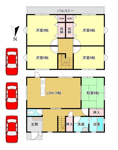 五條市田園5丁目の間取り|5LDK　土地面積:377.23ｍ2　建物面積:121.56ｍ2　駐車3台可能