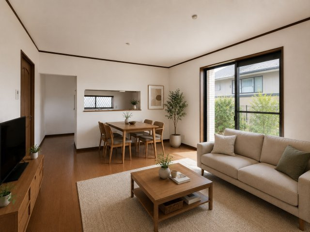 五條市田園5丁目の居間・リビング|LDK14帖　明るく広々としています（画像の家具はAIによって作成したものです）