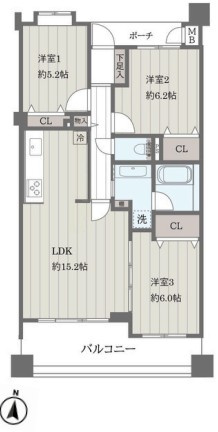 セザール仲池上の間取り|セザール仲池上：南向き！全居室収納・窓が付いた３ＬＤＫリノベーション物件には玄関ポーチが付いております！令和８年５月末完成予定！