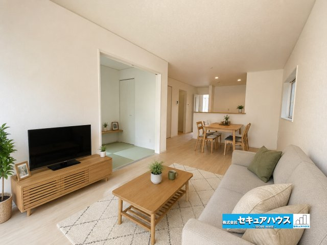 【今からご案内可能】東海市加木屋町陀々法師　全4棟の居間・リビング|【LDK】※家具はイメージになります。
◆家族揃ってリビングで過ごすお休みの日が楽しみになる場所となることでしょう。
◆対面式のオープンキッチンは家事をしながら家族の様子が一目でわかる安心＆便利設備♪