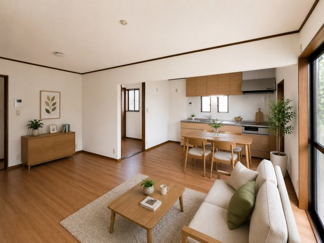 五條市田園5丁目　4SLDKの居間・リビング|LDK17帖　明るく広々としています。（画像の家具はAIによって作成したものです）