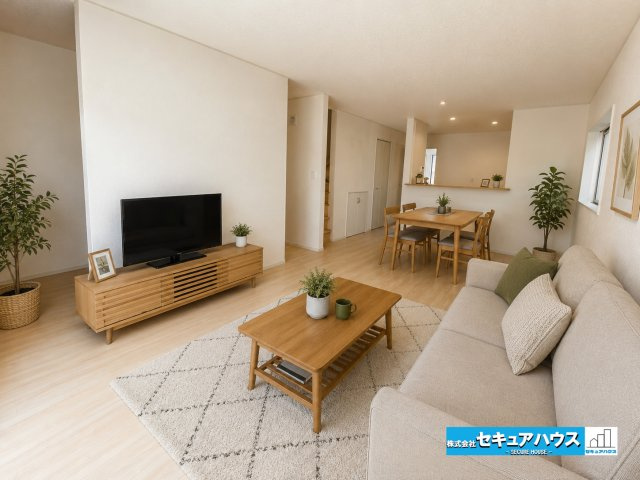【今からご案内可能】東海市加木屋町陀々法師　全4棟の居間・リビング|【LDK】※家具はイメージになります。
◆家族揃ってリビングで過ごすお休みの日が楽しみになる場所となることでしょう。
◆対面式のオープンキッチンは家事をしながら家族の様子が一目でわかる安心＆便利設備♪