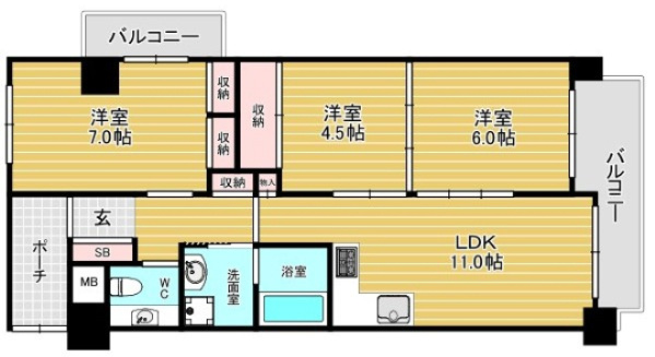 阪神住建グランドヴィラ此花Ⅰの間取り|◆3LDK　専有床面積64.17㎡、バルコニー面積7.48㎡、南向きの角部屋