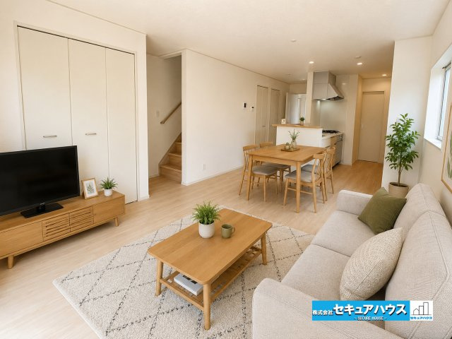 【今からご案内可能】東海市加木屋町陀々法師　全4棟の居間・リビング|【LDK】※家具はイメージになります。
◆家族揃ってリビングで過ごすお休みの日が楽しみになる場所となることでしょう。
◆対面式のオープンキッチンは家事をしながら家族の様子が一目でわかる安心＆便利設備♪
