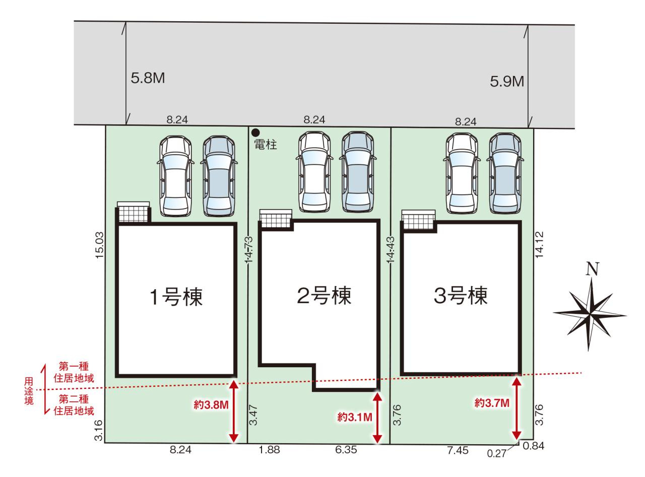 吾川郡いの町駅東町　新築戸建　2号棟（全3区画）の区画図|2号棟　土地面積　150.04㎡　（約45.38坪）