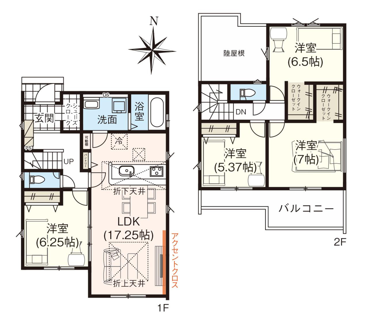 吾川郡いの町駅東町　新築戸建　2号棟（全3区画）の間取り|2号棟　4LDK+WIC×2+SC+パントリー　建物面積　104.12㎡（約31.49坪）
