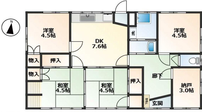 【間取り】 | 土地面積198㎡平屋中古戸建 | 4SDKは、キッチン、4つの居室、サービスルームに加え、ダイニングがある間取り。食事スペースとくつろぎの場を分け、収納や趣味のスペースも確保。大家族や二世帯住宅での生活に快適な間取りと言えるでしょう。