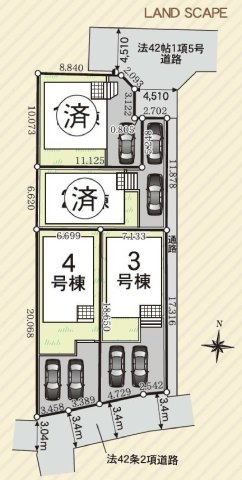 【横浜市瀬谷区阿久和西4丁目2-10全4棟新築戸建て】★仲介手数料無料★（原小学校・原中学校）の間取り|全4棟の分譲地で、各棟カースペース2台分を確保。前面道路との間隔にもゆとりがあり、落ち着いた街並みが形成された住環境です。