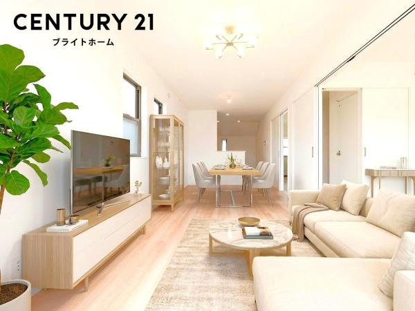 横浜市鶴見区上の宮１丁目の新築一戸建の居間・リビング|家族が自然と集まるリビングは
落ち着きのある空間です♪
※家具等はCGでの参考レイアウトです