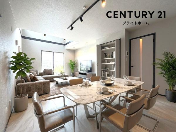 横浜市戸塚区深谷町の新築一戸建の居間・リビング|窓からは明るい光が差し込みます！
電気をつけなくても明るいです。
※家具等はＣＧでの参考レイアウトです。