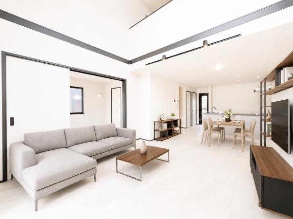 横浜市戸塚区深谷町の新築一戸建の居間・リビング|家族が自然と集まるリビングは
落ち着きのある空間です♪
※家具等はCGでの参考レイアウトです
