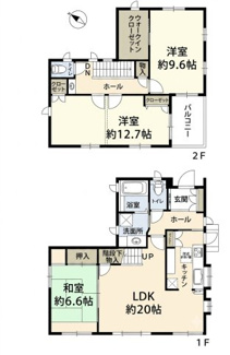 【間取り】 | あすみが丘東　リフォーム済み【3LDK】中古戸建：JR外房線「土気」駅 | ゆとりある3LDKの間取り図です。1階には約20帖の広々としたLDKと、隣接する約6.6帖の和室を配置。2階には約9.6帖と、将来分割も可能な約12.7帖の洋室があり、大型収納も充実しています。