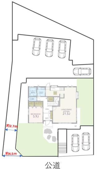 八王子市　片倉町　中古戸建ての区画図|～南側に並列2台、北側に4・5台駐車可能、有効宅地面積は約127坪～