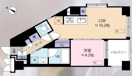 デュオ・スカーラ西麻布タワーＷＥＳＴの間取り|デュオ・スカーラ西麻布タワーＷＥＳＴ：南・東角部屋１ＬＤＫリノベーション物件は各居室収納付き・エアコン2基付きのお部屋となっております！