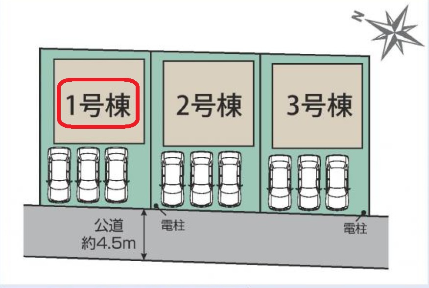 狭山市水野・全3棟　新築一戸建　1号棟の区画図|【全3棟・1号棟】カースペース並列3台。